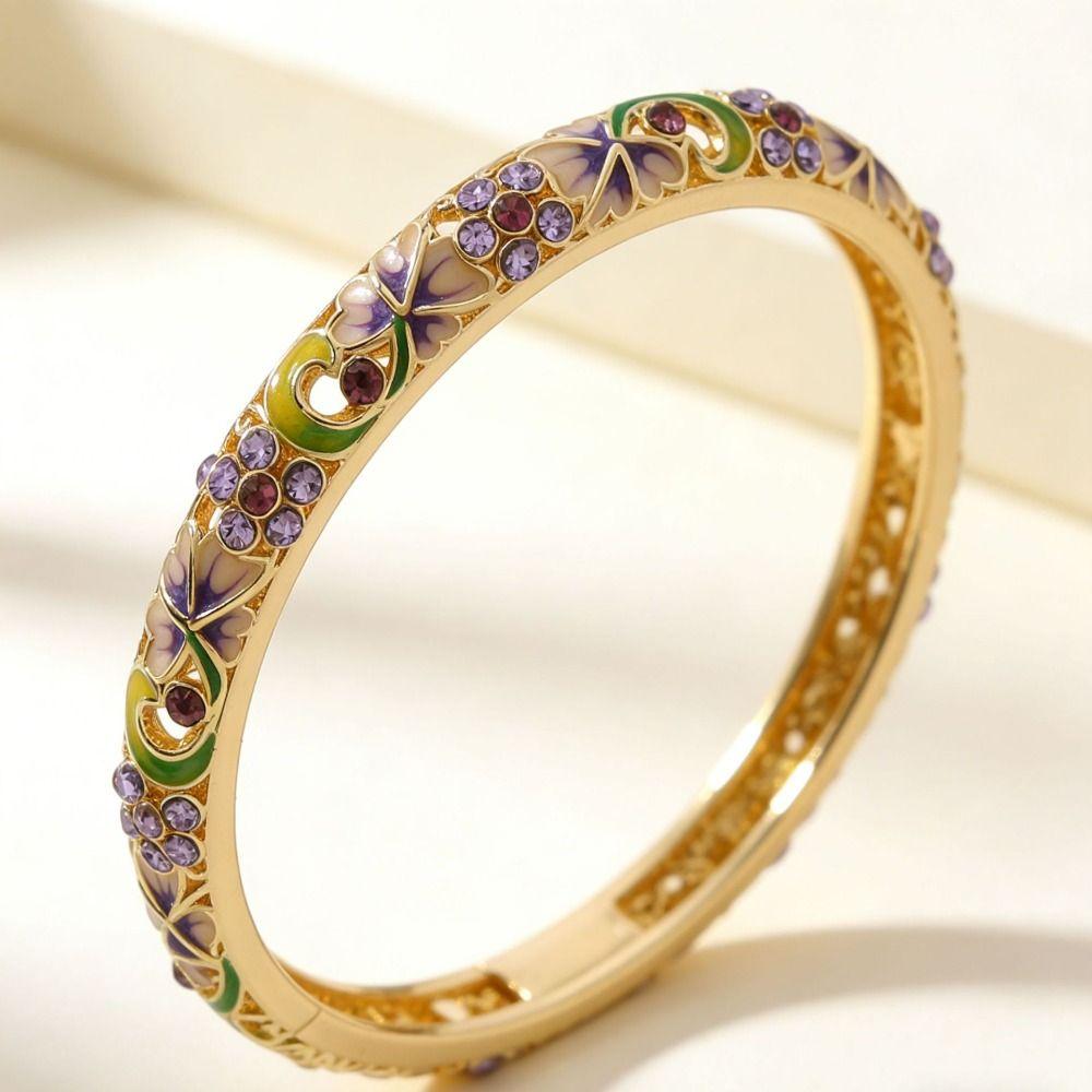 Gold Plated Cloisonne Bracelet Double Bangle Traditional Chinese Double Bangle Flower Pattern Enamel Design Ethnic Bracelet