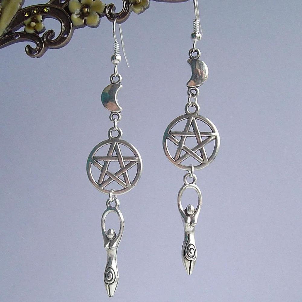 Gothic Retro Mother Earth Goddess Five-pointed Star Moon Long Pendant Dangle Earrings for Women Halloween Pagan Witch Jewelry