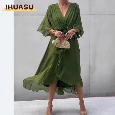 Mode Sommer Frühling Unifarbener Druck Kurzarm V-Ausschnitt Freizeitkleider Einzigartiges Design