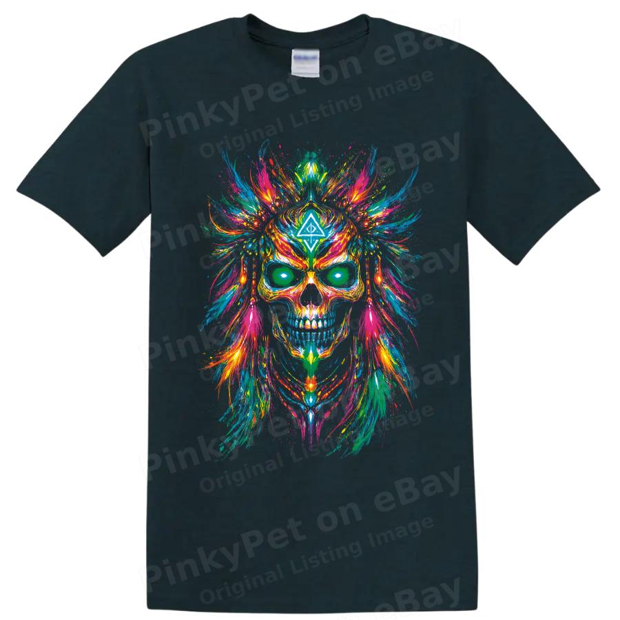 Psychedelic Skull T Shirt Neon Paint Splash Gothic Art Graphic Tee Gift Unisex