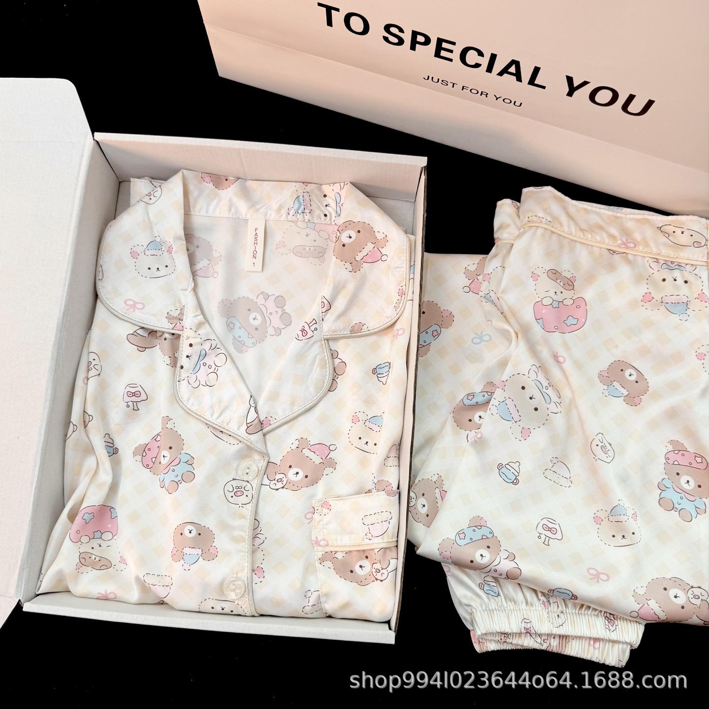 

Ice and snow silk is very good-looking pajamas, women s ice silk is cute and sweet, spring and autumn long-sleeved thin silk, new. M