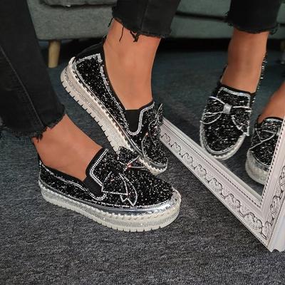Moda Zapatos de mujer con diamantes de imitación, mocasines brillantes con diamantes de imitación, sin cordones, informales, con lazo, para mujer