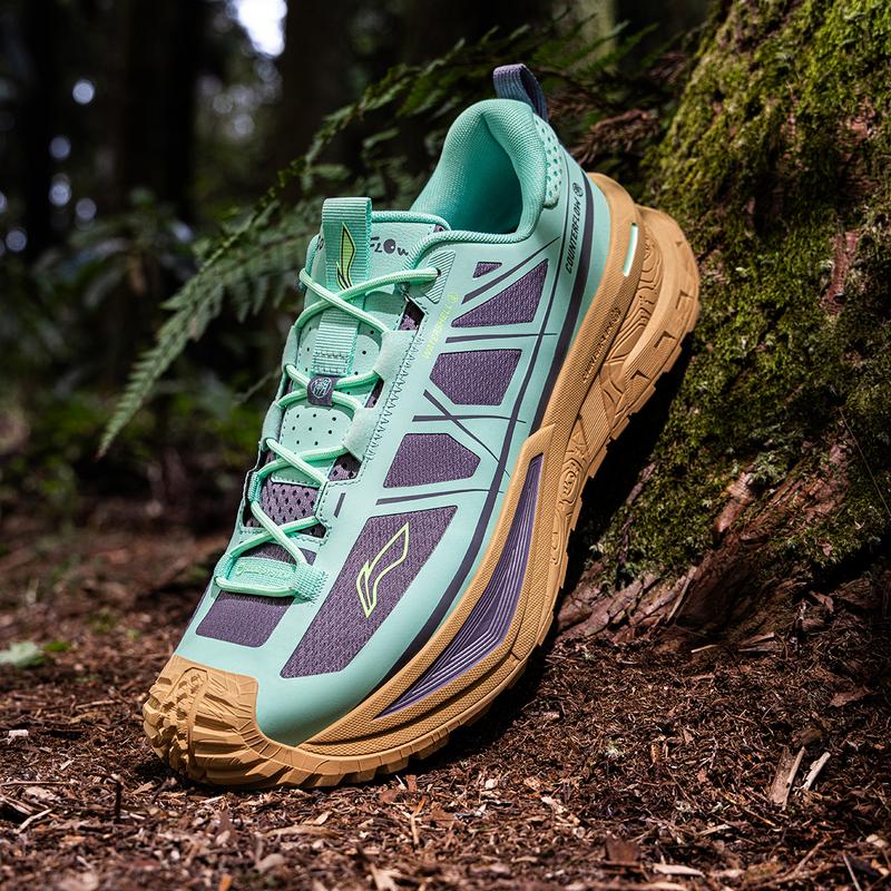 Li Ning CF Su Xing Chuan SE Shock Absorption Rebound Wear Resistant Waterproof Low Top Outdoor Hiking Shoes Unisex Hiking Shoes Green Purple AHTV015-4