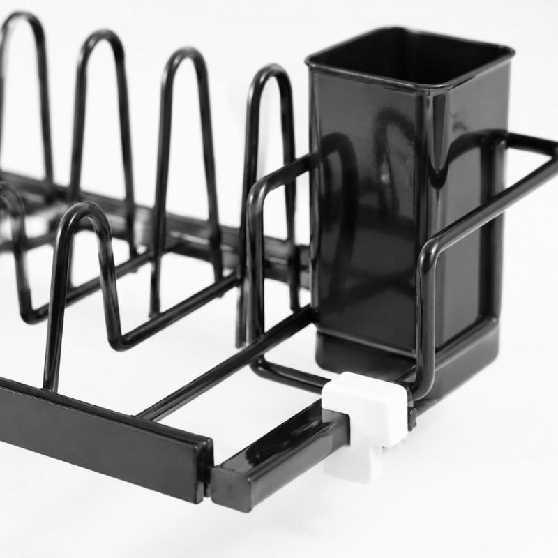 Extendable Kitchen Dish Rack with Plate Separators, Wine Glass Rail, Cutlery Cup, and Removable Water Tray
