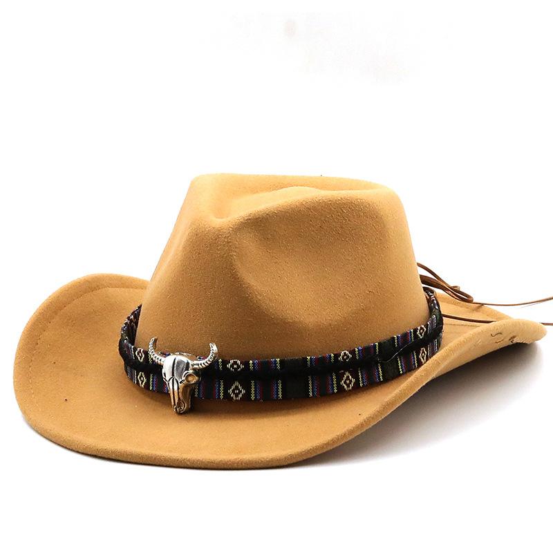 Black Soft Felt Waterproof Sweatband Traditional Wide Brim Men and Women Western Outback Cowboy Hat With Bull Head Fedora Cap