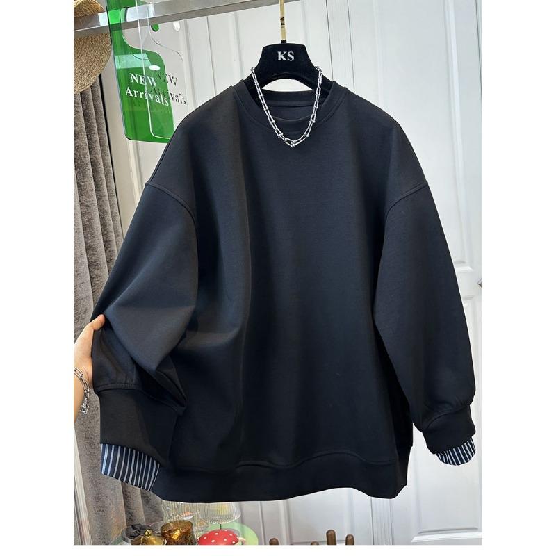 Style Contrasting Fake Two-piece Striped Shirt with Round Neck Sweatshirt for Women Winter Loose Casual Top