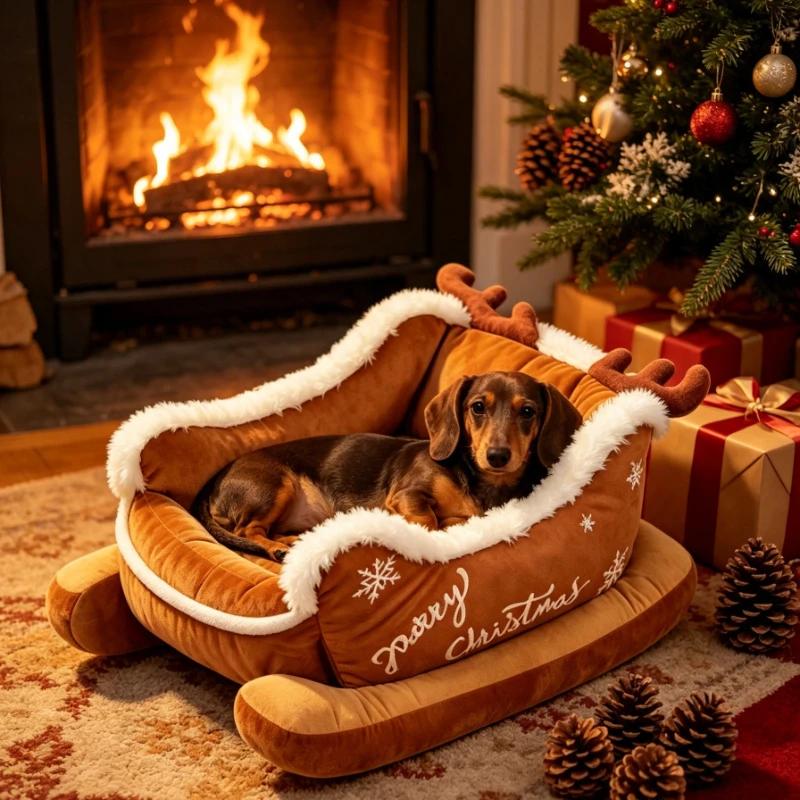 Sleigh Style Pet Sleeping Bed Fluffy Fleece Lined Dog Sofa Cushion Ultra‑Soft Non‑Slip Winter Christmas Decoration for Cats Dogs