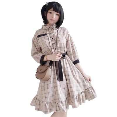 [Sunny Step] Karomuster Kinderkleid mit Socken Kindergröße Lolita Niedliche Kleidung XS~6L Kleine Größe Braun Braun Beige A-Linie Rüschen Drei