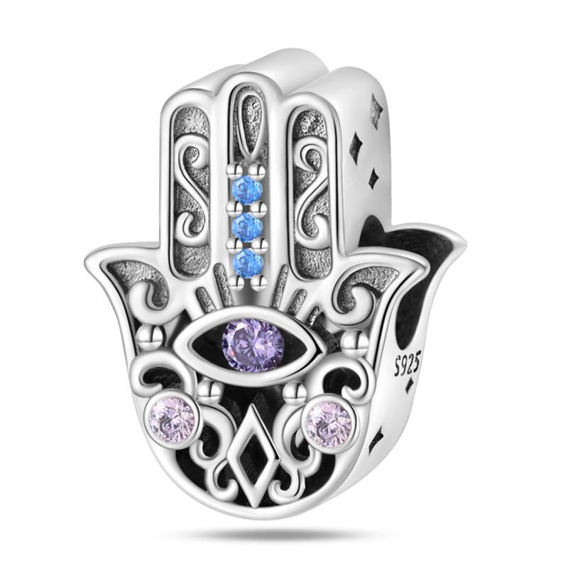 Real S925 Silver Color Classic Palm Devil's Eye Charms Beads For Women Male Fit  S925 Original Bracelets Fine DIY Jewelry