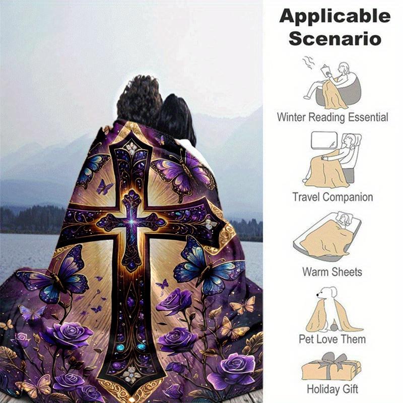 1pc Purple Butterfly Rose Cross Printing Lightweight Flannel Blanket, Comfortable and Warm Blanket, Camping Sofa Bed and Couch Office, Gift