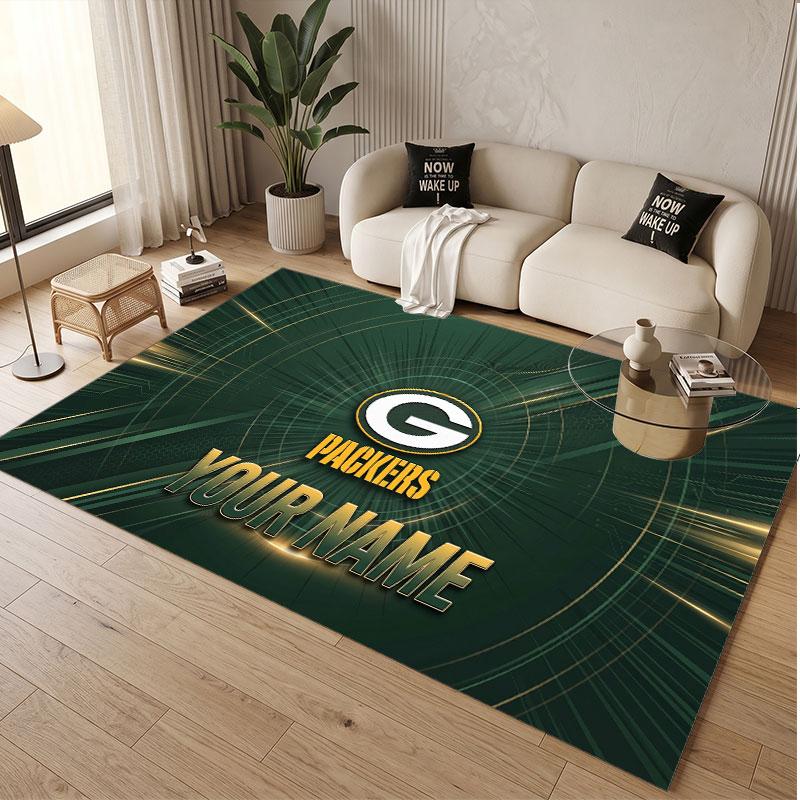 Custom Rug Green Bay Packers Pattern Print Name Text Soft Non‑Slip Floor Carpet for Home Indoor Decoration