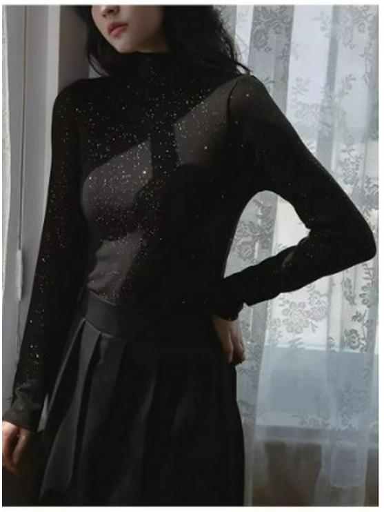 Velvet Sequin Women's Semi-High Neck Slimming Winter Base Layer T-Shirt - Plus Size Available