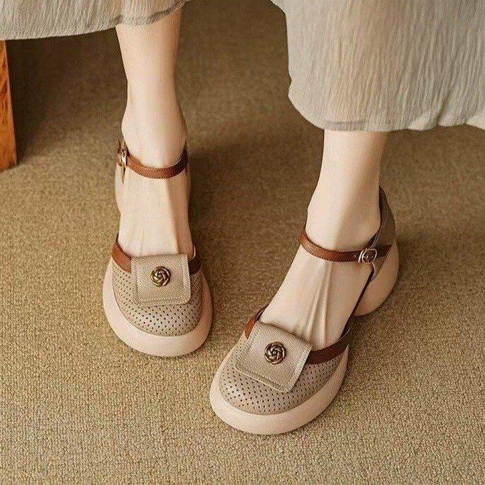 Thick-soled hollowed-out bag head sandals women's muffin breathable Roman shoes 2025 summer new skirt one-button high heels