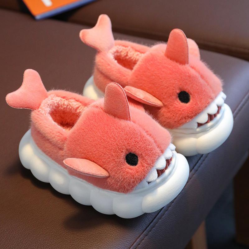 1 Pair Youngsters' Shark Plush Slippers - Soft Fleece-Lined Slip-On Indoor/Outdoor House Shoes with Cartoon Shark Design, Non-Slip PVC Sole