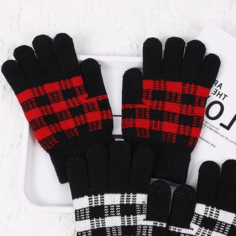 Winter Fashion Retro Plaid Gloves Outdoor Cycling Warm Five-Finger Knitted Gloves