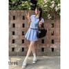 Women's Summer Blue Striped Polo Collar Pleated Shirt Dress with Waist-Cinching Design