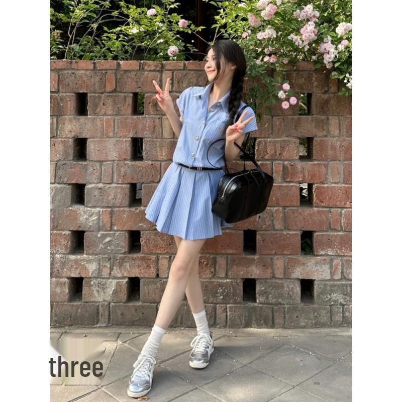 Women's Summer Blue Striped Polo Collar Pleated Shirt Dress with Waist-Cinching Design