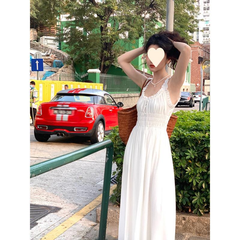 Summer New Retro Rose Red U-neck Suspender Sleeveless Long Skirt Waist Thin Big Swing Dress