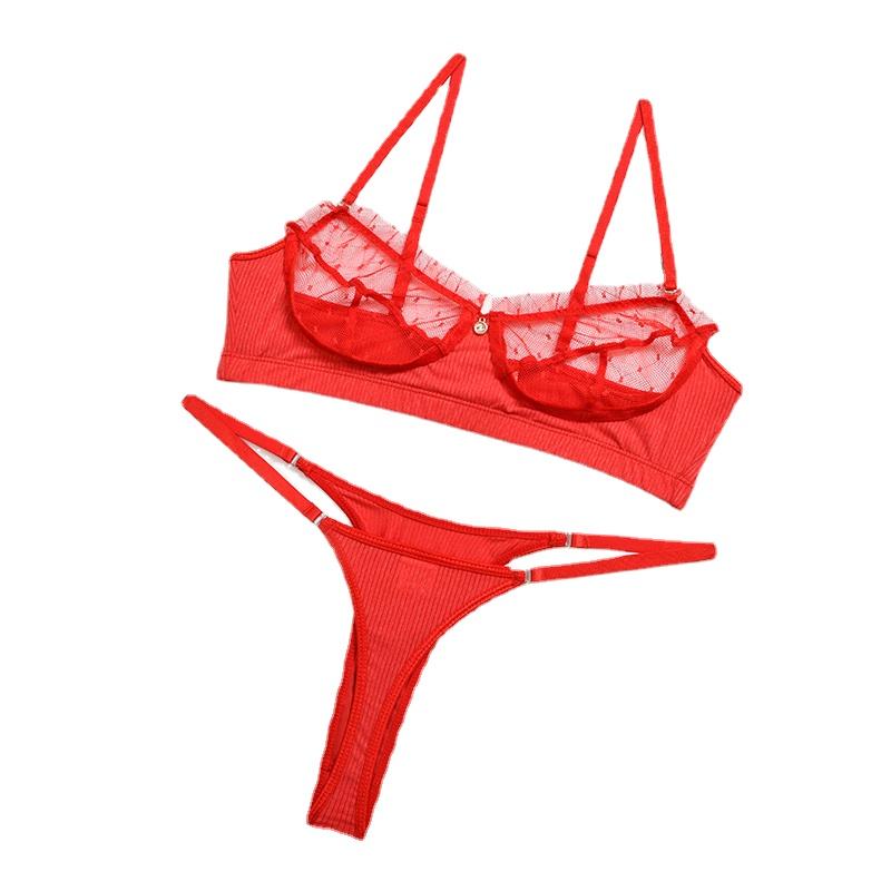 Damen-Dessous-Spitzen-BH-Set, Rüschen, transparente Unterwäsche, heißes Dessous-Set, Push-Up-BH mit Höschen-Set, rote Slip-Sets