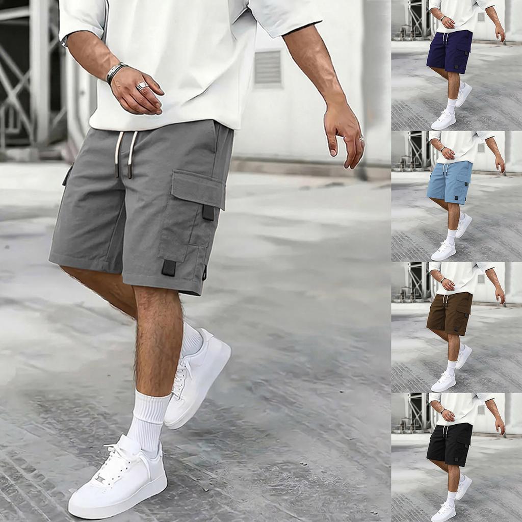 Herren Cargo-Hose mit Kordelzug Lässig Patchwork Mehrere Taschen Gerade Beine Fünf-Punkt-Hose