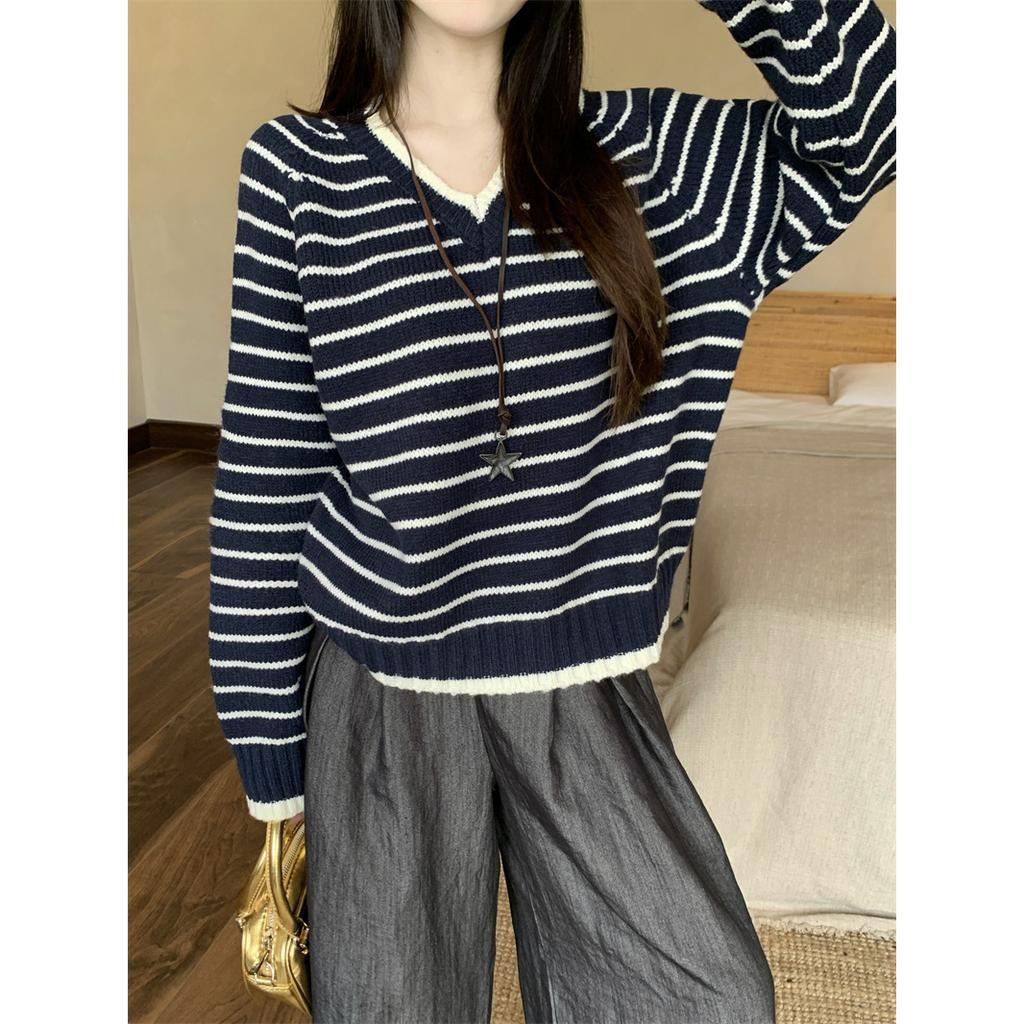 Premium contrasting color collar striped sweater women's autumn and winter casual loose large size retro bottoming top