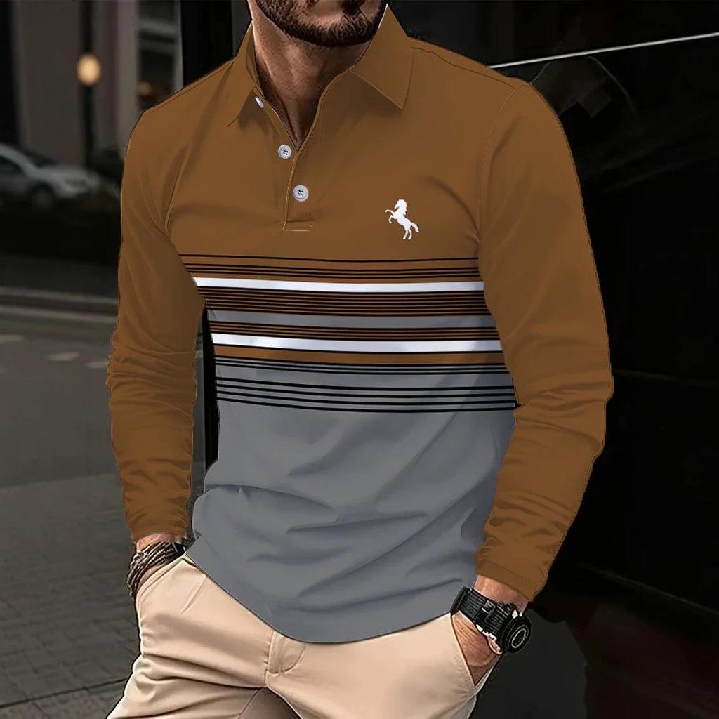 European & American Men's Striped Digital Print Polo Shirt - Business Casual, Spring/Autumn Collection