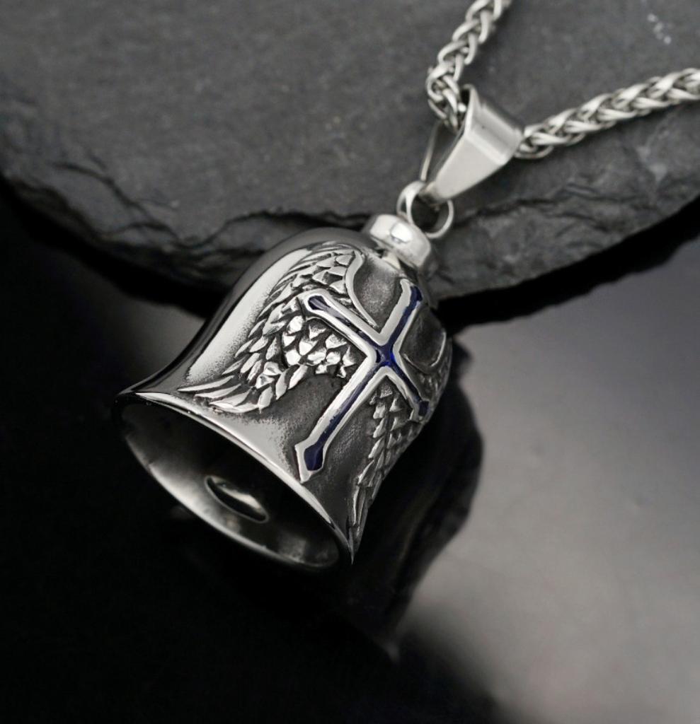 Stainless Steel Viking Motorcycle Pendant Gothic Punk Biker Jewelry for Men with Exorcism Bell