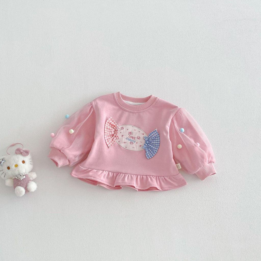 Girls' Korean Style Spring 2026 Mesh Pom-pom Hoodie – Trendy Floral Baby Layer Top