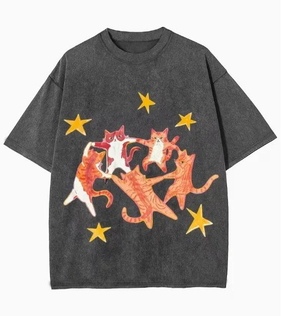 Y2K Style Hip-hop Dancing Cat Star Print T-shirt, Retro Unisex Loose Short Sleeve Graphic Streetwear Tee for Men Women, Summer Casual Tops