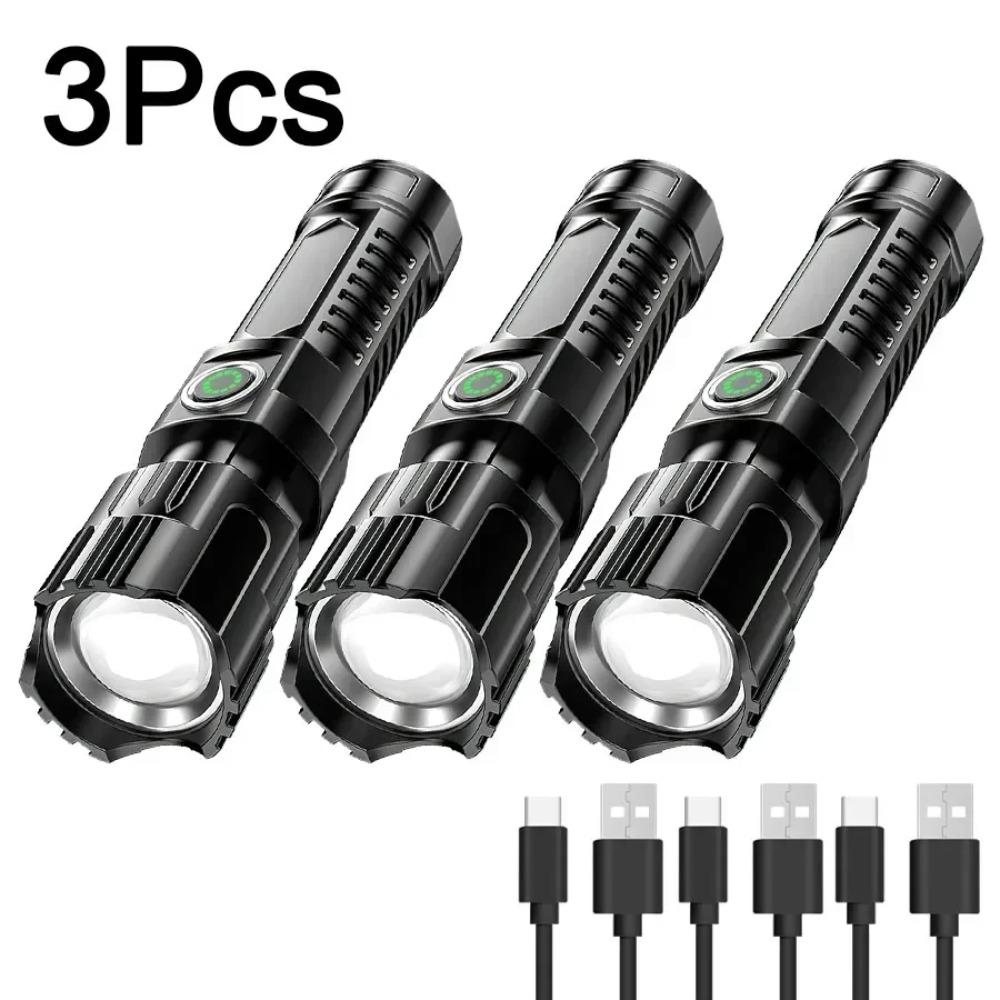 1/2/3Pcs Bright Portable Zoom LED Flashlight Built-in Battery USB-C Rechargeable Emergency Torch Outdoor 3 Lighting Modes
