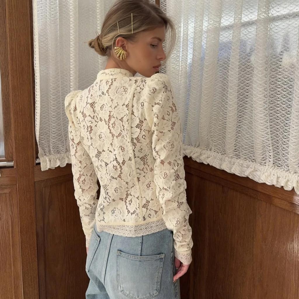VAYLA Lace Printed Shirts Tops Female Hollow Out Fashion Commute Vintage See-Through Blouse Women's Lace Shrug Shirts New