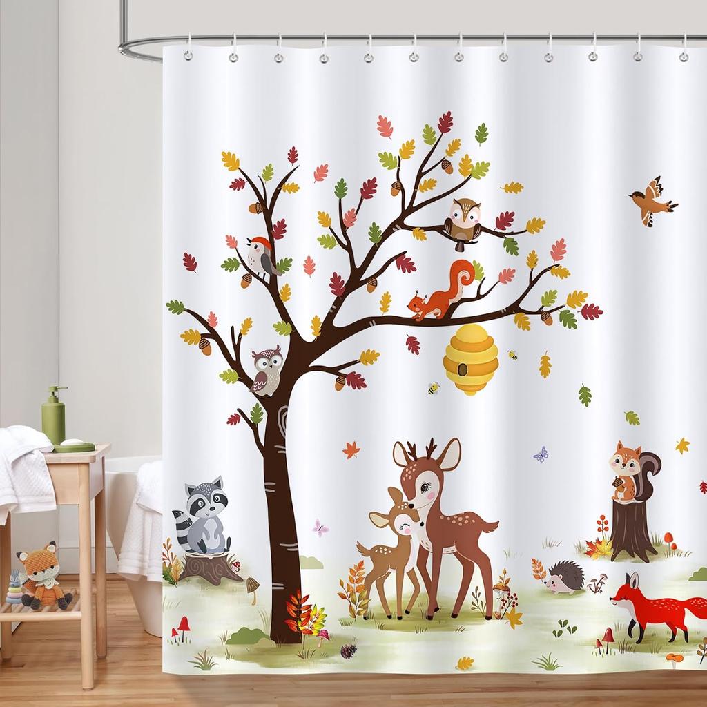 Forest Animal Shower Curtain 180 x 180cm Child Deer Fox Waterproof Polyester Bathroom Decorative Shower Curtain with 12 Hooks