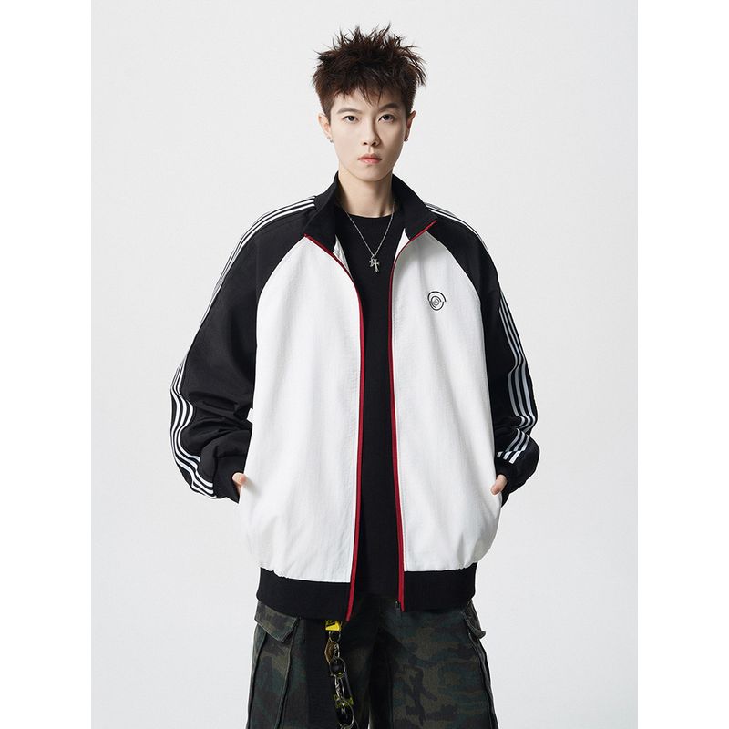 Striped Stand-Up Collar Casual Jacket for Men, Winter American-Style Color-Blocked Sports Top, High Street Versatile Loose-Fitting Couple Jacket