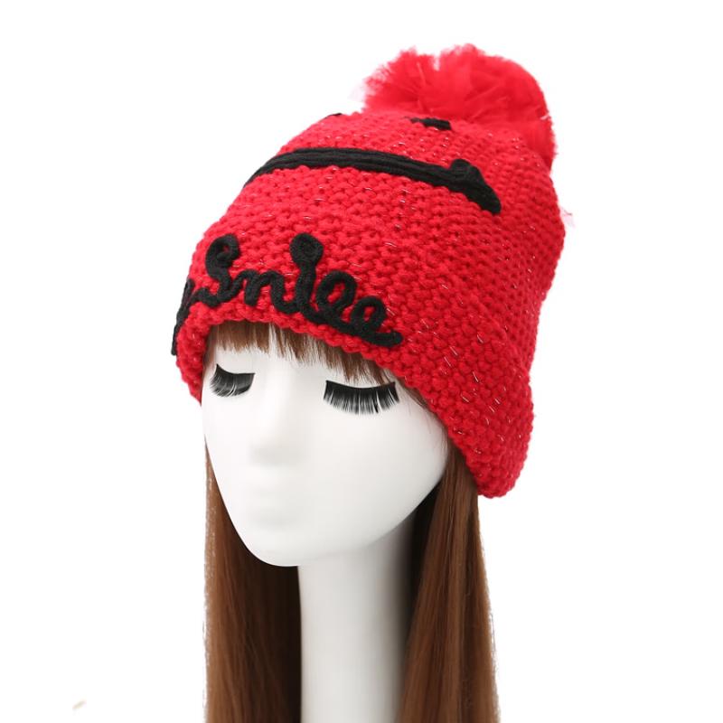 ZHENYUEQI Women s Winter Knitted Pom-Pom Hat with Embroidered Smiley Face