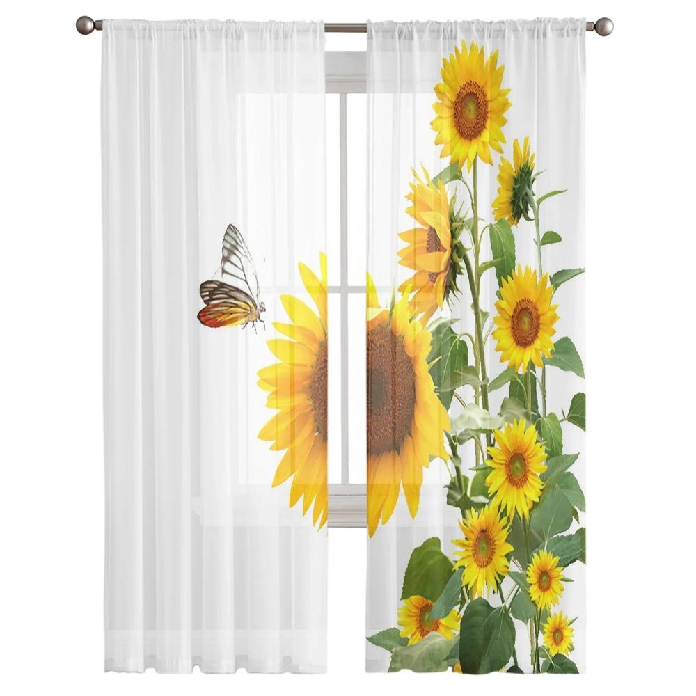 Sunflower Plant Butterfly Bouquet Leaves Flower Chiffon Sheer Drapes Living Room Bedroom Decor Window S Curtain