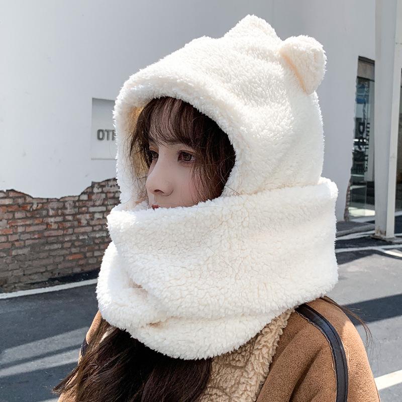Bear Ear Hat for Women In Autumn and Winter Versatile Cute Scarf with Hooded Korean Style Ear Protection and Warm Couple