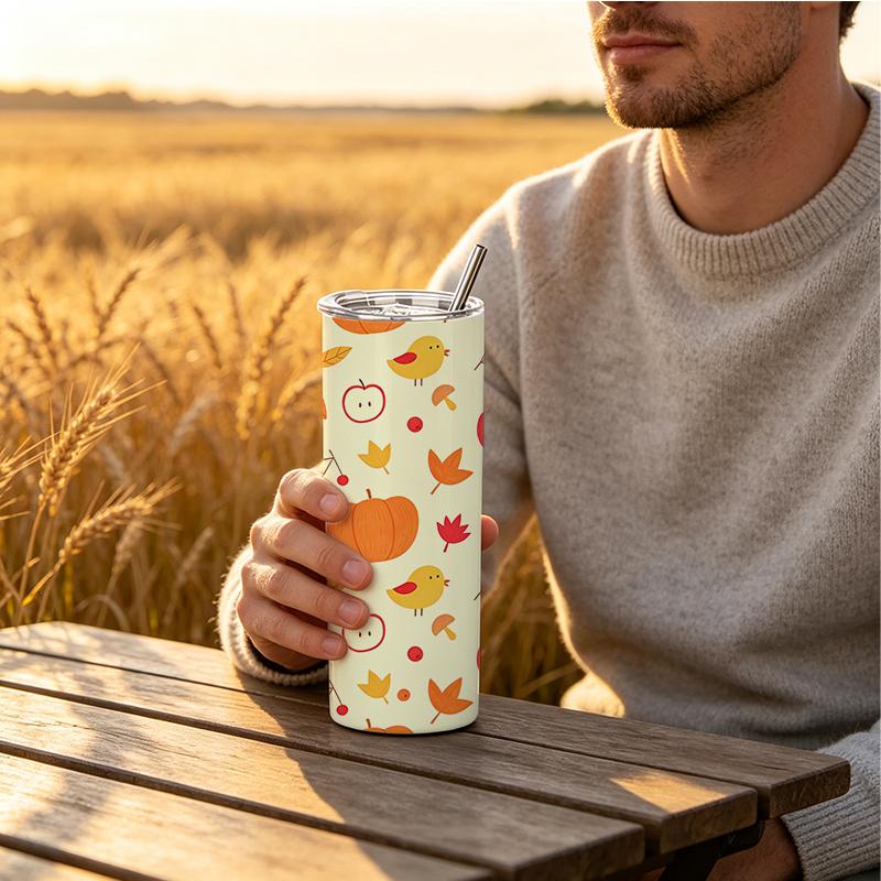 Straight Cup 591ml Bountiful Pumpkins and Melon Fruits Straw Cup Portable Tumbler Car Cup Ice Retention Cup Stainless Steel Tumbler