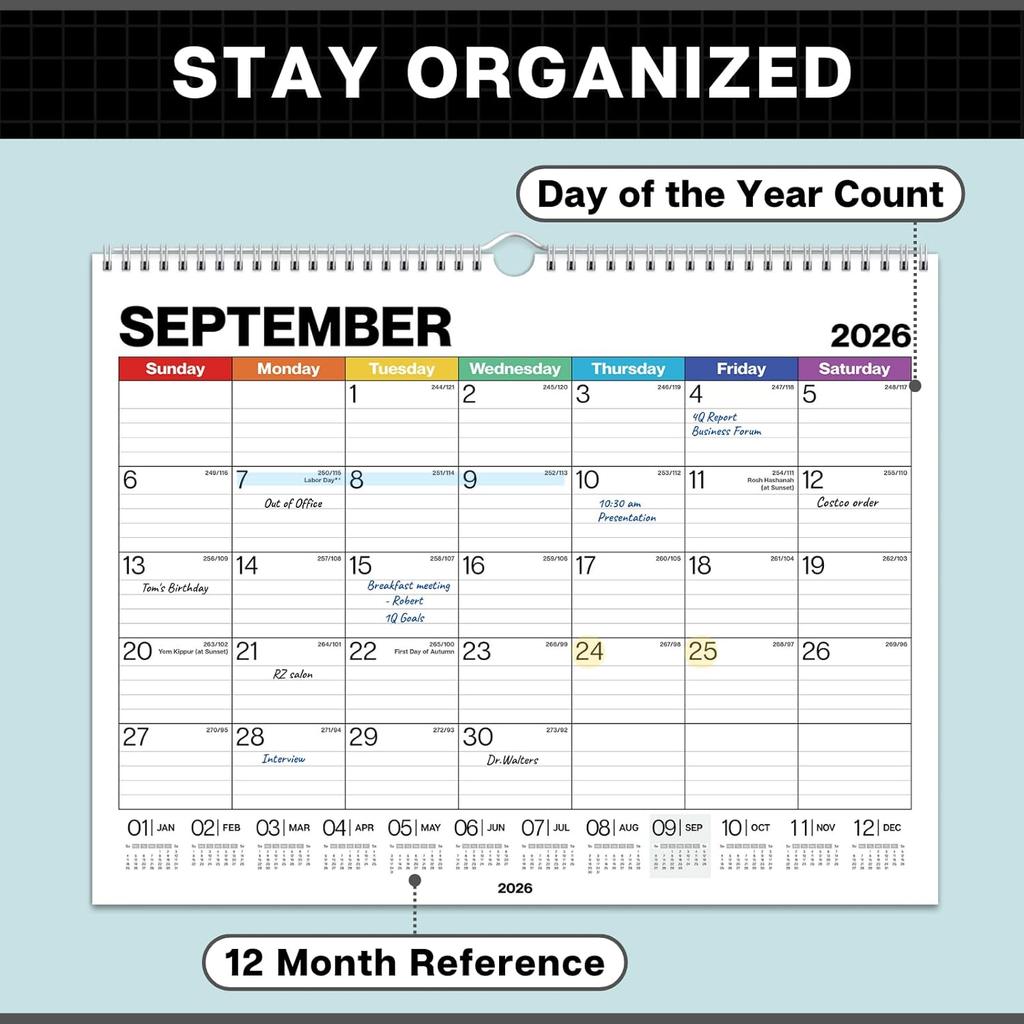 Dunwell 12x15 Wall Calendar 2026 (Colorful), Use Jan to Dec 2026, Large Lined 12 x 15 Monthly Calendar, Professional Styling for Home or Office,