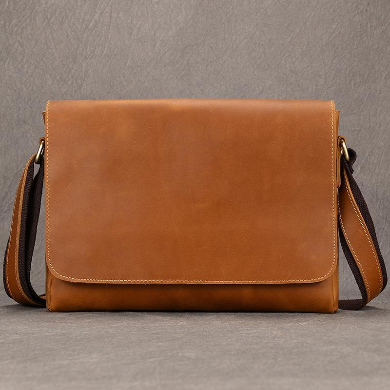 Men'S Genuine Leather Shoulder Bag Crazy Horse Leather Messenger Bag First Layer Cowhide Flip Shoulder Bag Casual Bag