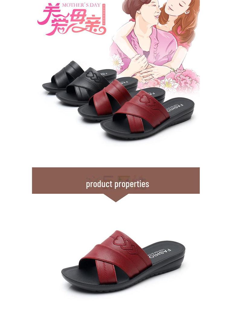 Genuine Leather Soft Sole Sandals for Women - Comfortable Non-Slip Flats for Middle-Aged and Elderly
