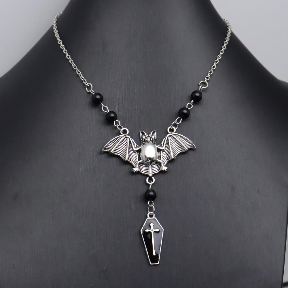 Bat Pendant Necklace with Black Beads & Coffin Crystal - Gothic Halloween Accessory