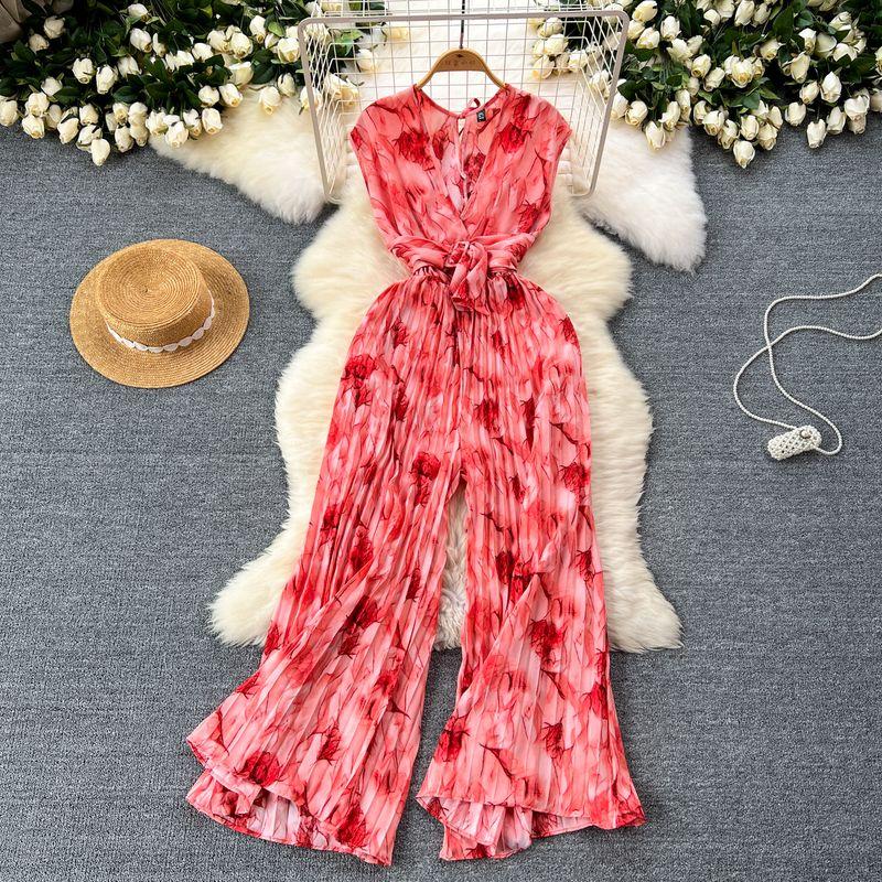 Holiday Ins Wear Women's Fashion Fancy Sleeveless V-neck Lace Up Waist Trimming Printing Loose Wide Leg Pleated Jumpsuit