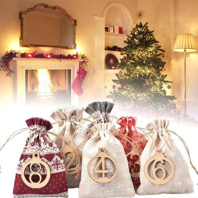 2023 Christmas Countdown Advent Bag 24Days Christmas Advent Calendar Bag Linen Wall Hanging Drawstring Bag Gift Bags with Clips