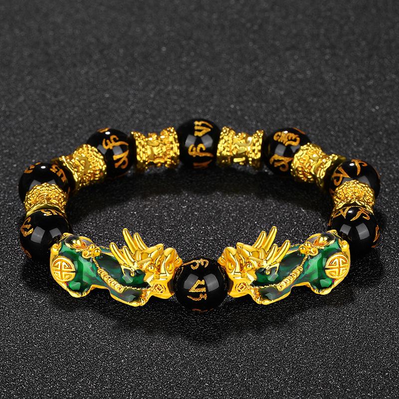 Vietnamese Sand Gold Pixiu Bracelet with Imitation Hetian Jade & Green Agate Beads, Women's Discoloring Stone, TikTok Style.