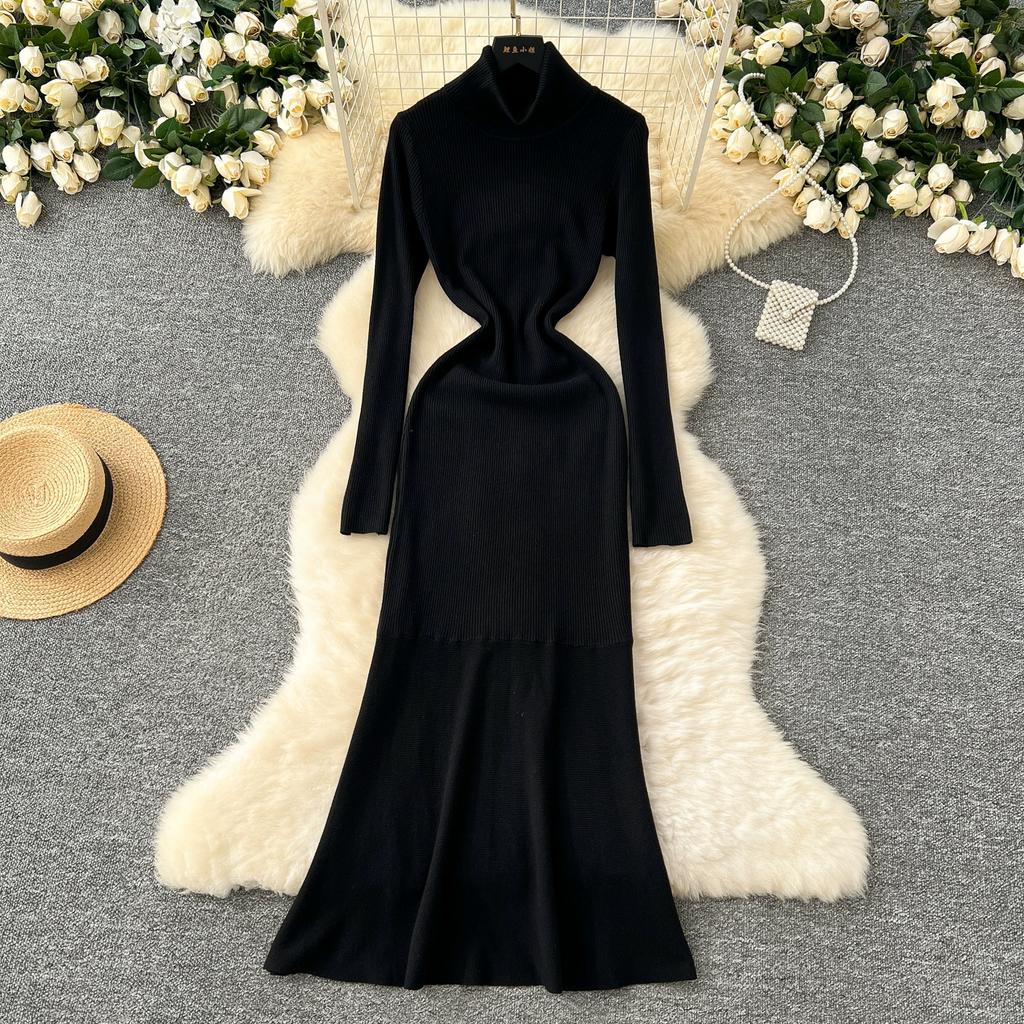 Jesień Zima Kobiety Elegancki Golf Długi Rękaw Dzianinowy Sweter Pulower Długie Sukienki Maxi Syrenka na Imprezę