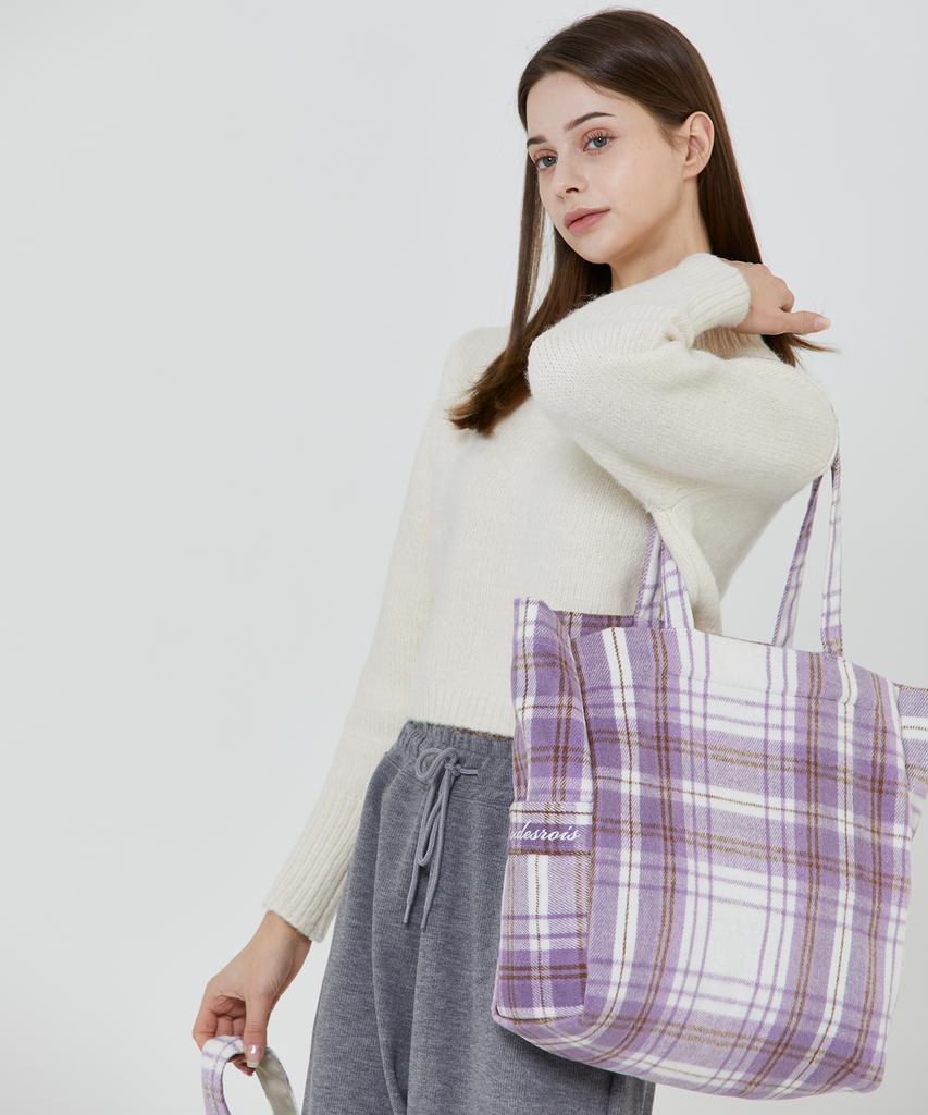 Roidesrois Check Cotton Pocket Eco Shoulder Bag (Purple/Check)