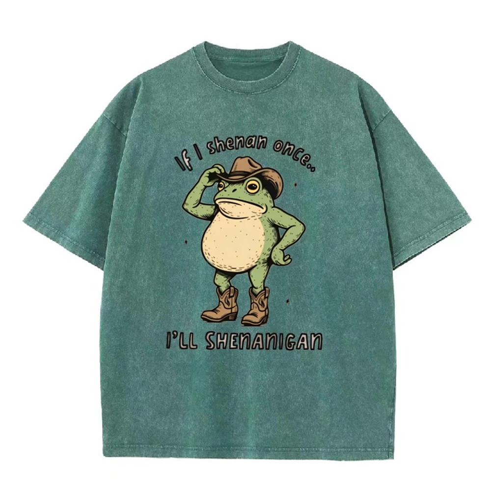 2026 Funny Cowboy Frog Shenanigan T Shirt Vintage Washed Green Graphic Tee Unisex Casual Western Top