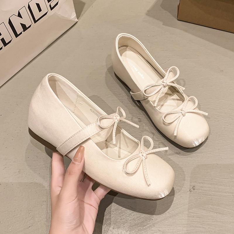 Women's Ballet Shoes Square Toe Flat Butterfly-knot Increased Internal One Kick Single Shoes Fashion All-match Mary Jane Shoes