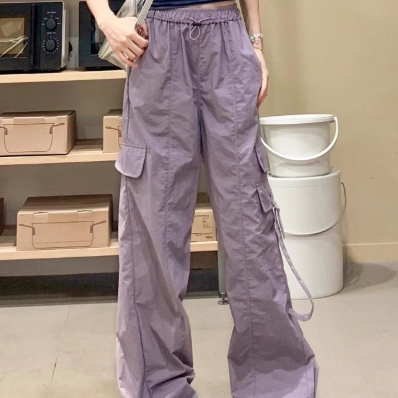 American Casual Retro Purple HighWaist Straight Cargo Pants for Women  Summer Loose Thin Athletic WideLeg Trousers