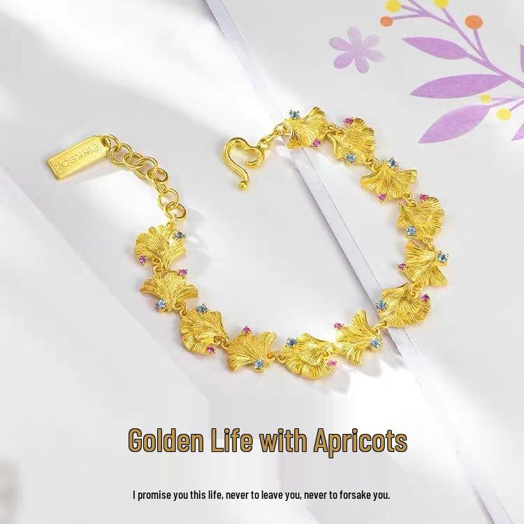 Ginkgo Leaf Diamond Bracelet In Vietnamese Sand Gold - Apricot Beaded Gift for Her Birthday